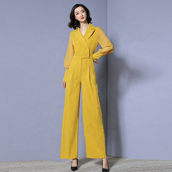 2019 Women's Loose Loin V-collar Pure-color Party Temperament Fashion jumpsuit