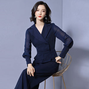 2019 Women's Loose Loin V-collar Pure-color Party Temperament Fashion jumpsuit