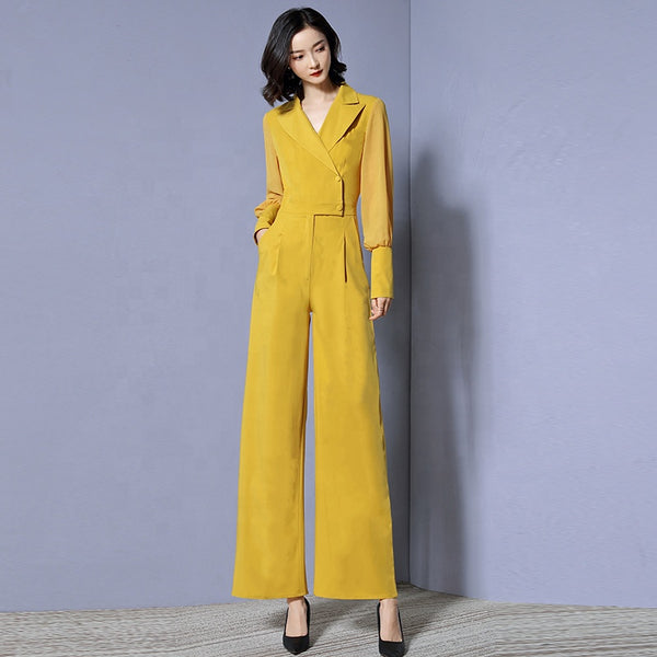 2019 Women's Loose Loin V-collar Pure-color Party Temperament Fashion jumpsuit