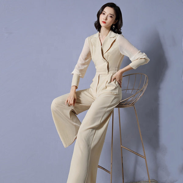 2019 Women's Loose Loin V-collar Pure-color Party Temperament Fashion jumpsuit