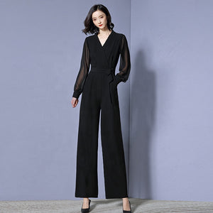 Fashion pants for women's loose waist, V-neck, solid color party jumpsuit