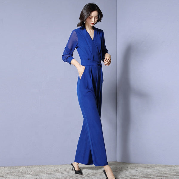 Fashion pants for women's loose waist, V-neck, solid color party jumpsuit