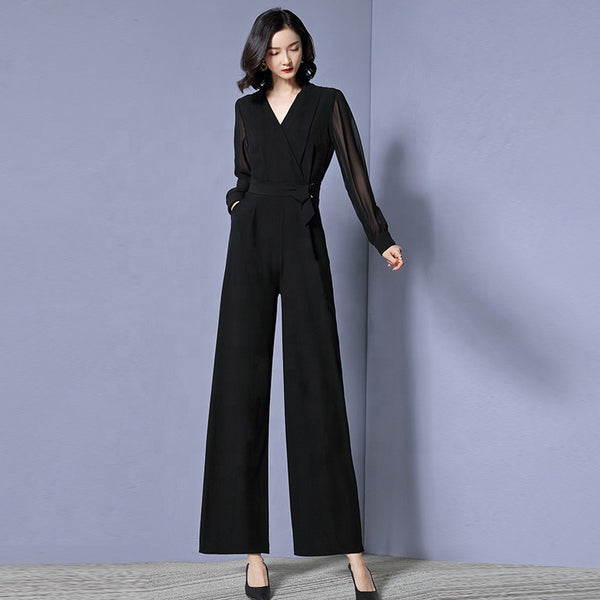 Fashion pants for women's loose waist, V-neck, solid color party jumpsuit