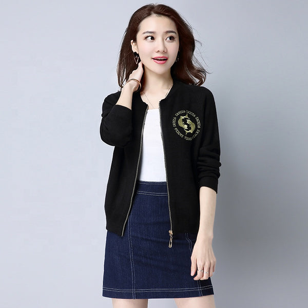 Women's long-sleeved zipper embroidered simple cardigan jacket baseball suit