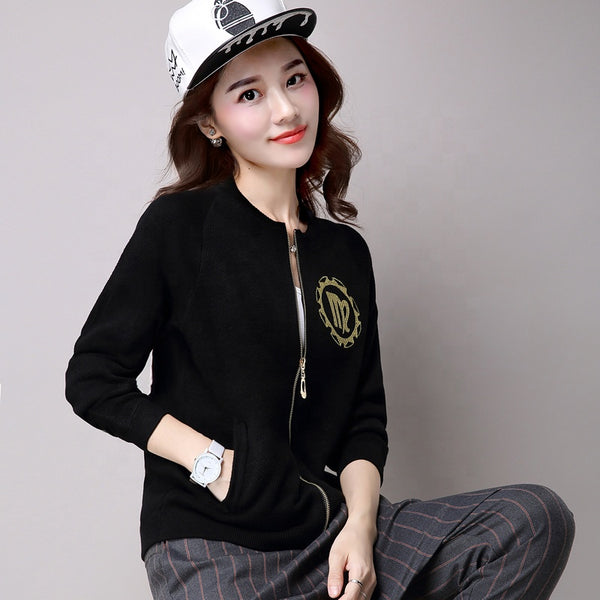 Women's long-sleeved zipper embroidered simple jacket cardigan