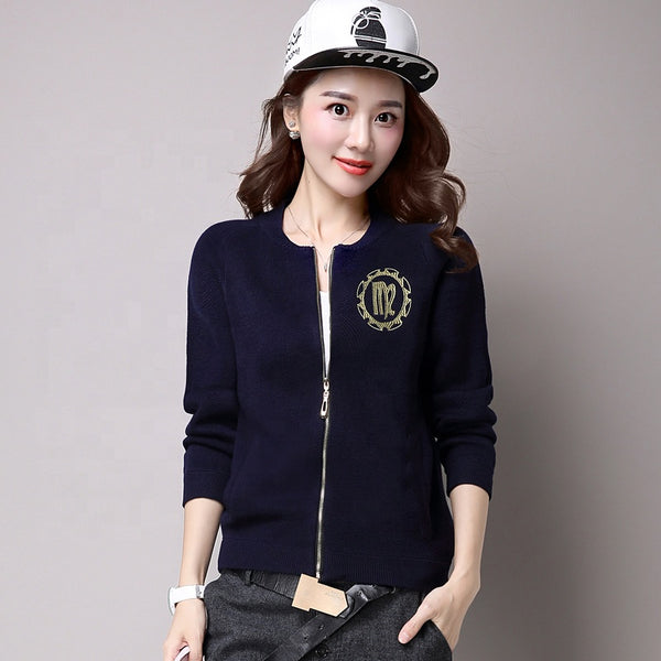 Women's long-sleeved zipper embroidered simple jacket cardigan