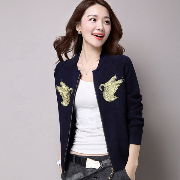 Women's long-sleeved zipper embroidered simple cardigan jacket