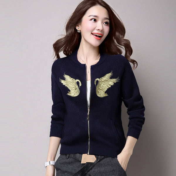 Women's long-sleeved zipper embroidered simple cardigan jacket