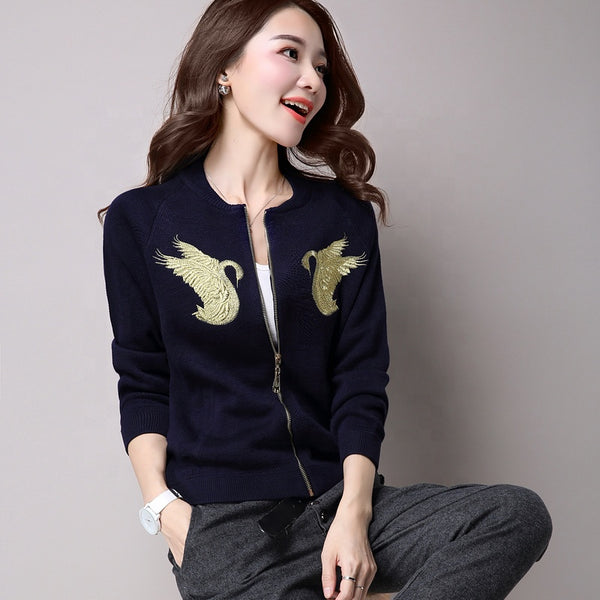 Women's long-sleeved zipper embroidered simple cardigan jacket