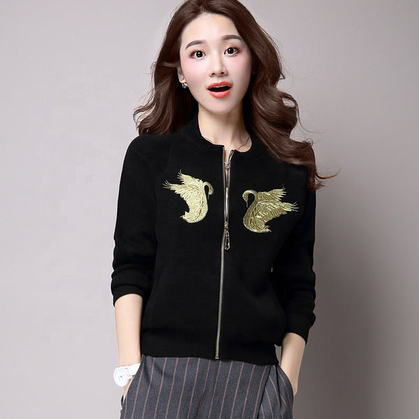 Women's long-sleeved zipper embroidered simple cardigan jacket