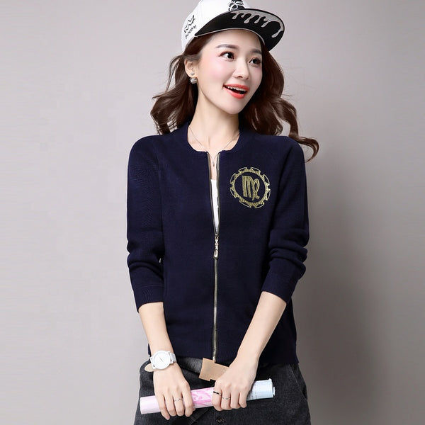 Women's long-sleeved zipper embroidered simple jacket cardigan