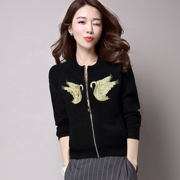 Women's long-sleeved zipper embroidered simple cardigan jacket