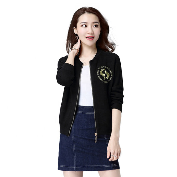 Women's long-sleeved zipper embroidered simple cardigan jacket baseball suit