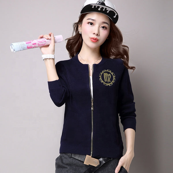 Women's long-sleeved zipper embroidered simple jacket cardigan