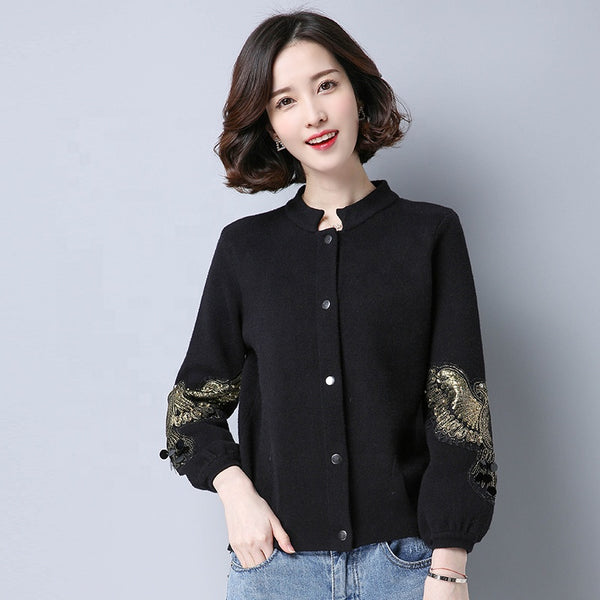 Women's short, simple embroidered applique jacket cardigan