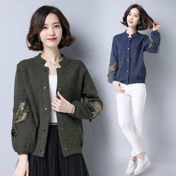 Women's short, simple embroidered applique jacket cardigan